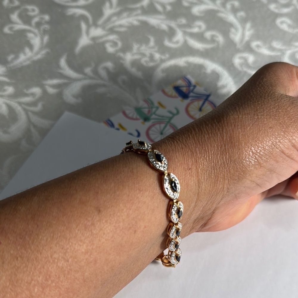 Sterling Silver 9.25 Elegant Bracelet .Marquis black Sapphire Gold plated - Picture 2 of 5